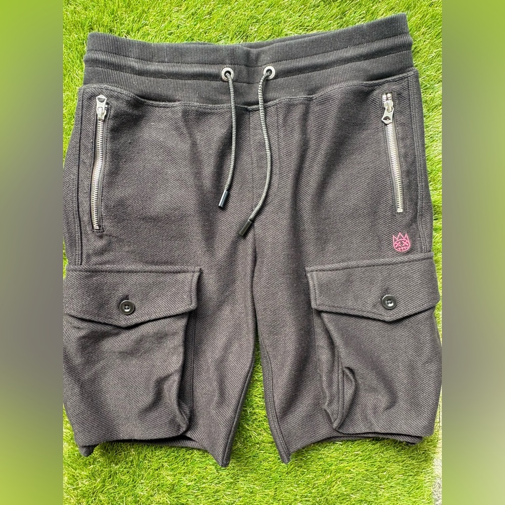 Cult of Individuality Black French Terry Cargo Shorts with Pink Logo Small Goth